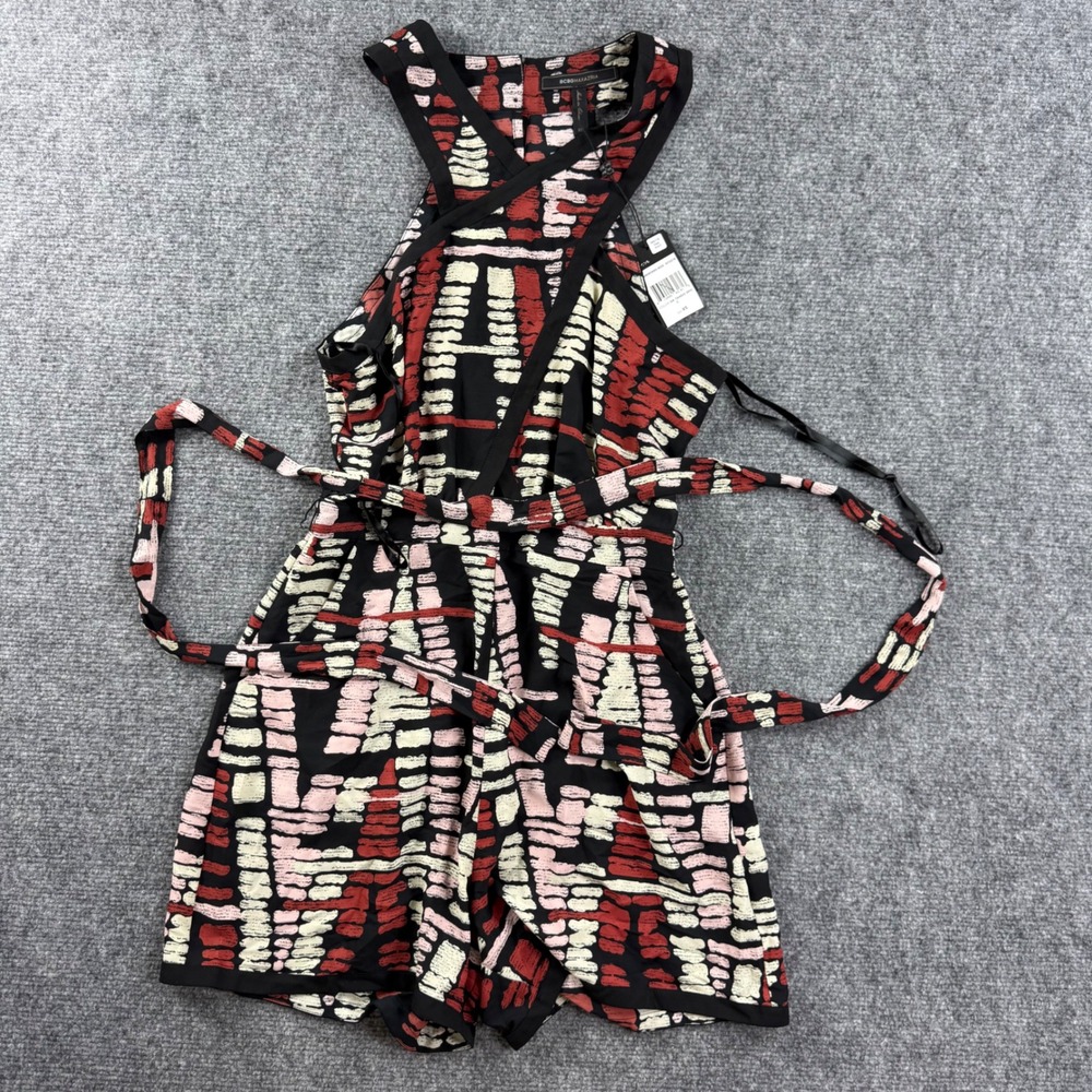 BCBGMAXAZRIA Romper XS Black Abstract Print Halter Neck Sleeveless NWT Womens